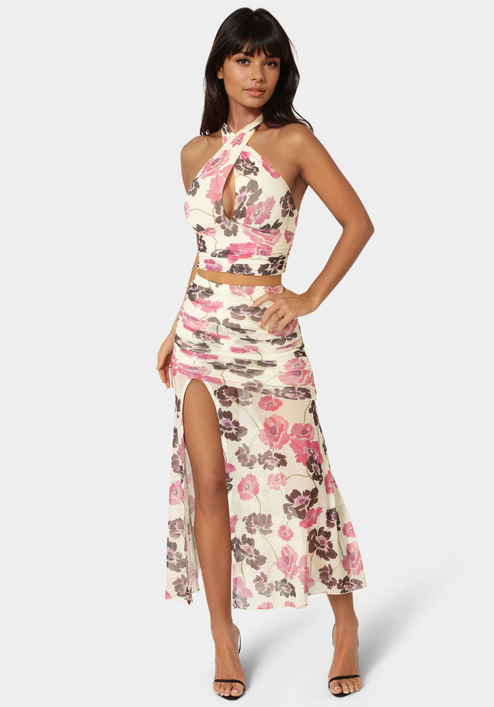 Detail View-Mesh Halter Neck Wrap Top-Wild Garden Prt