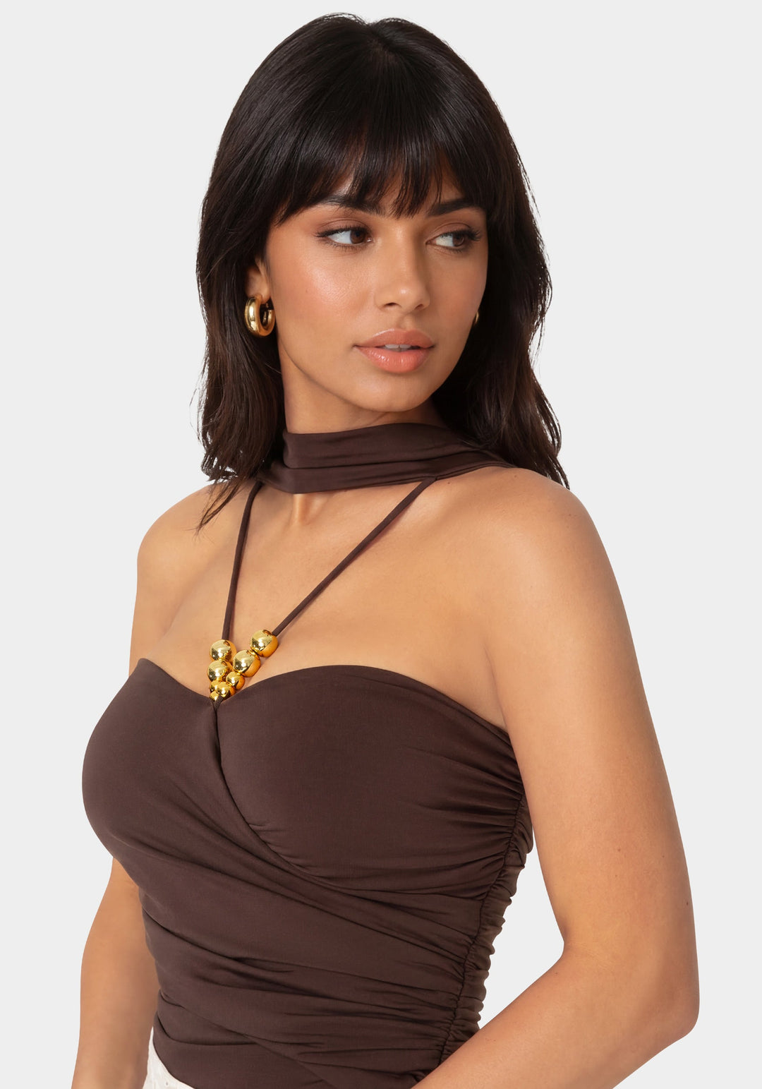 Other View-Neck Scarf Illusion Knit Top-Chocolate Martini