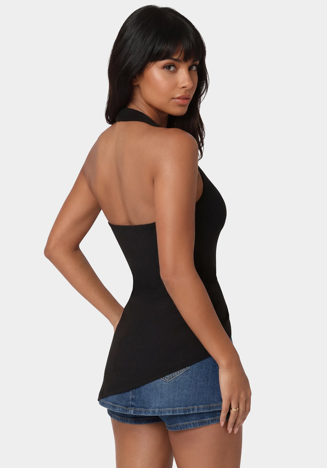 Detail View-Gathered Tunic Halter Neck Knit Top-Black