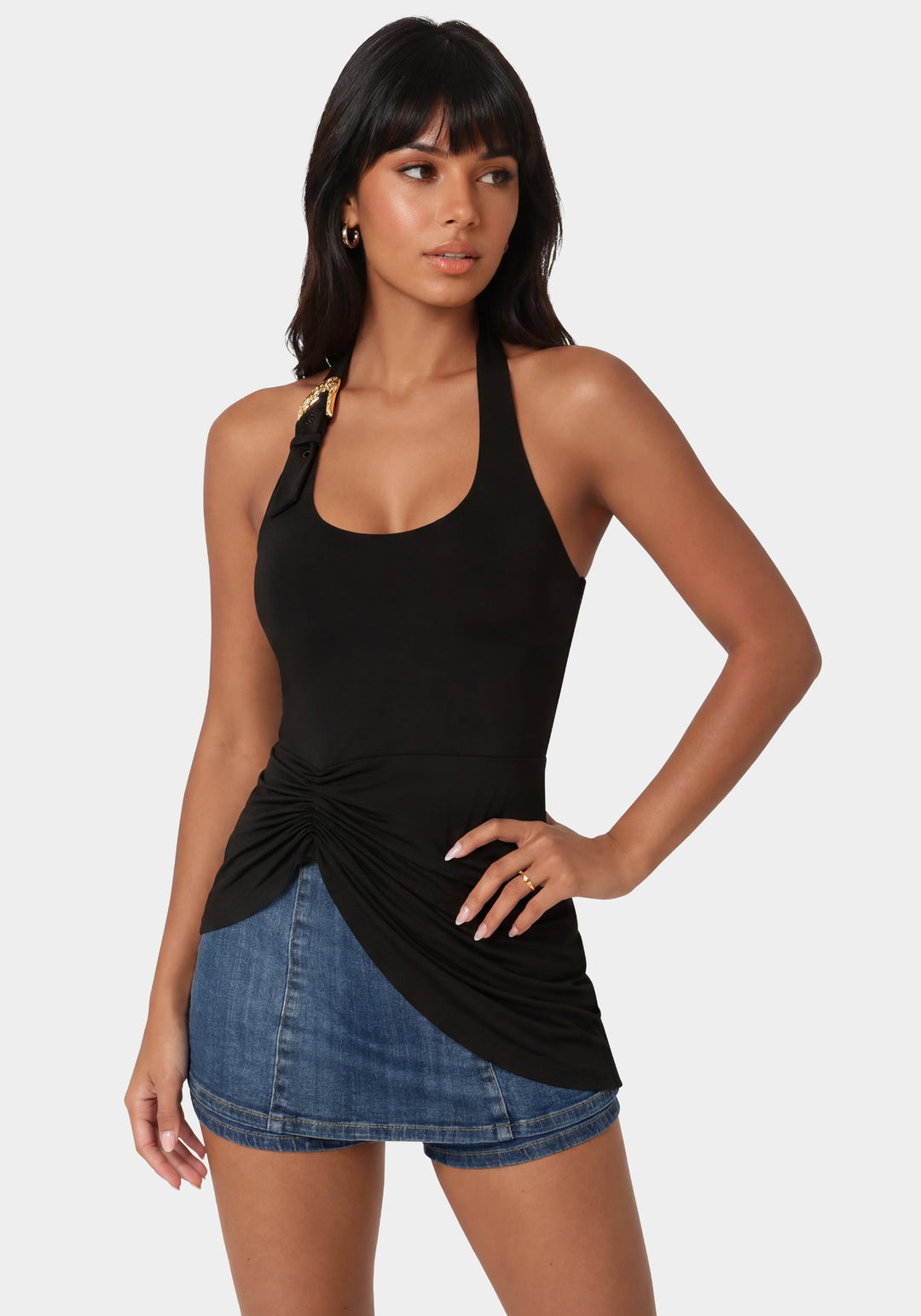 Front View-Gathered Tunic Halter Neck Knit Top-Black