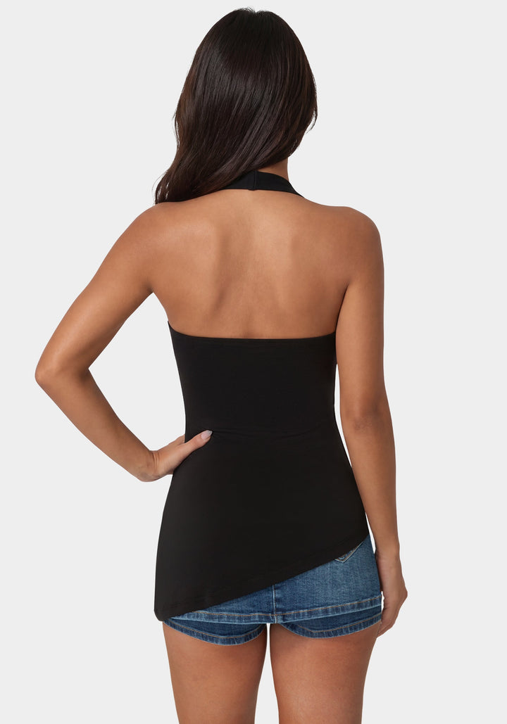 Back View-Gathered Tunic Halter Neck Knit Top-Black