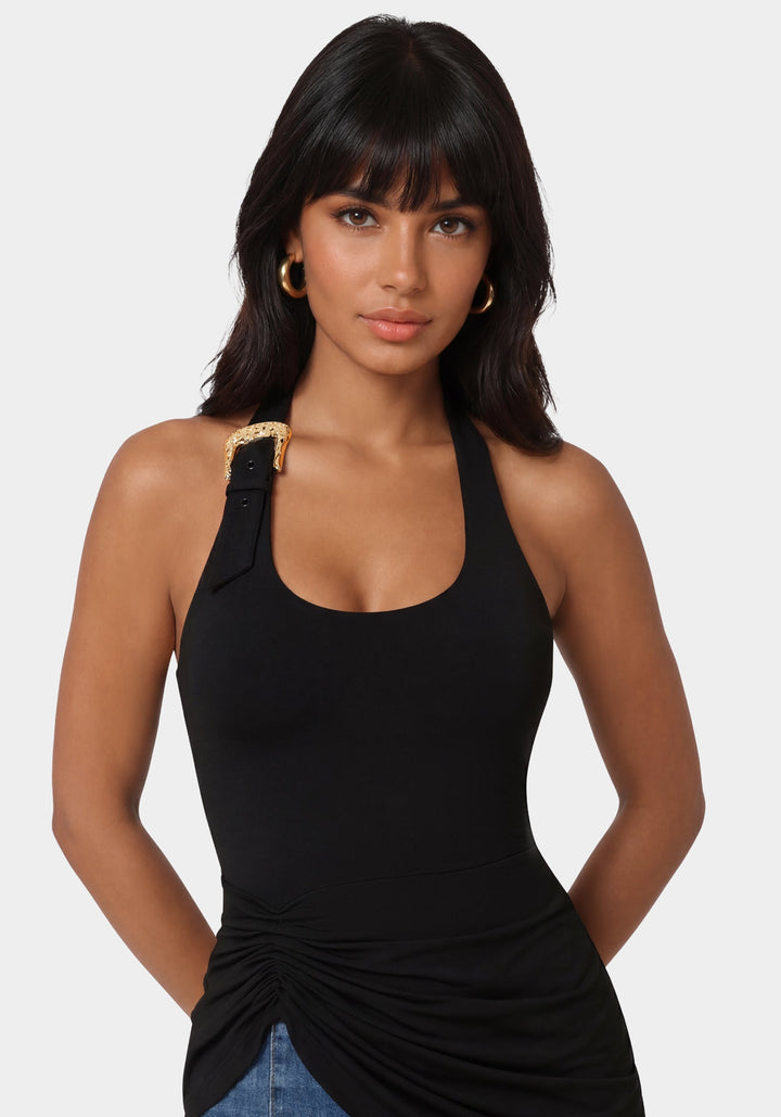 Other View-Gathered Tunic Halter Neck Knit Top-Black
