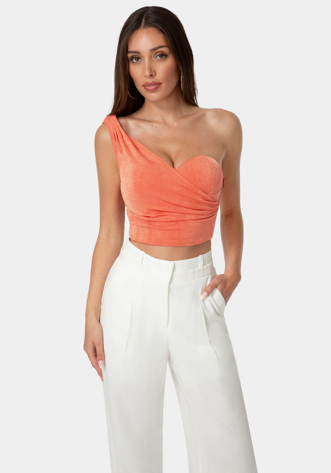 Front View-One Shoulder Bustier Top-PAPAYA PUNCH