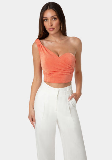 Front View-One Shoulder Bustier Top-PAPAYA PUNCH