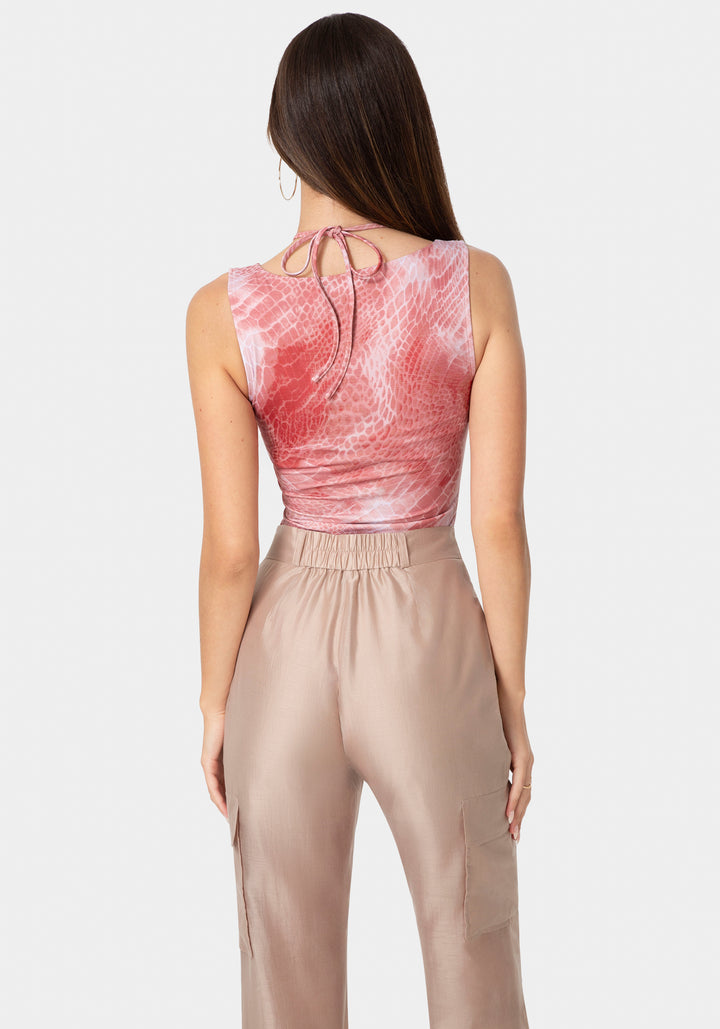 Back View-Neck Fitted Top - Solara Snake Print