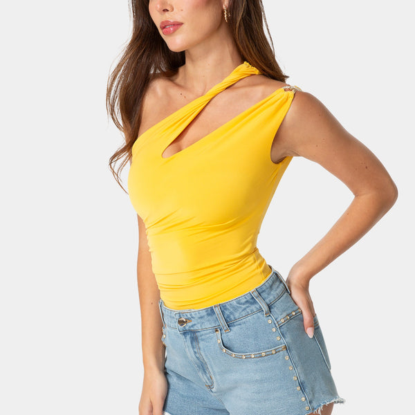 Side View-ONE SHOULDER TWISTED TOP-MANGO SPRITZ