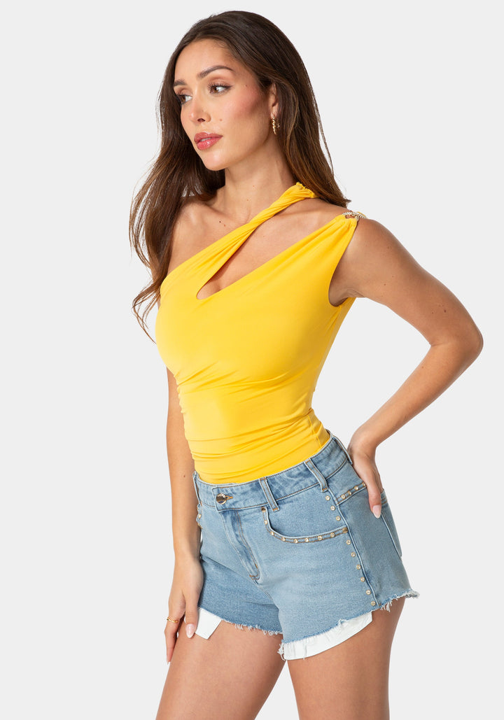 Side View-ONE SHOULDER TWISTED TOP-MANGO SPRITZ