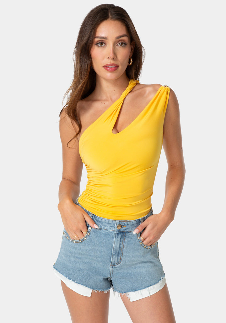 Front View-ONE SHOULDER TWISTED TOP-MANGO SPRITZ