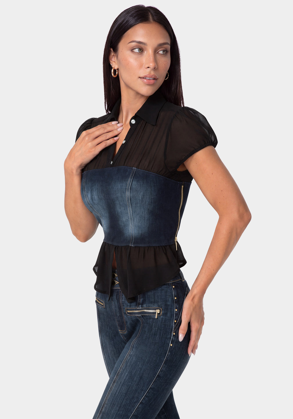 Side View-FITTED DENIM BUSTIER TOP-BLACK/INDIGO