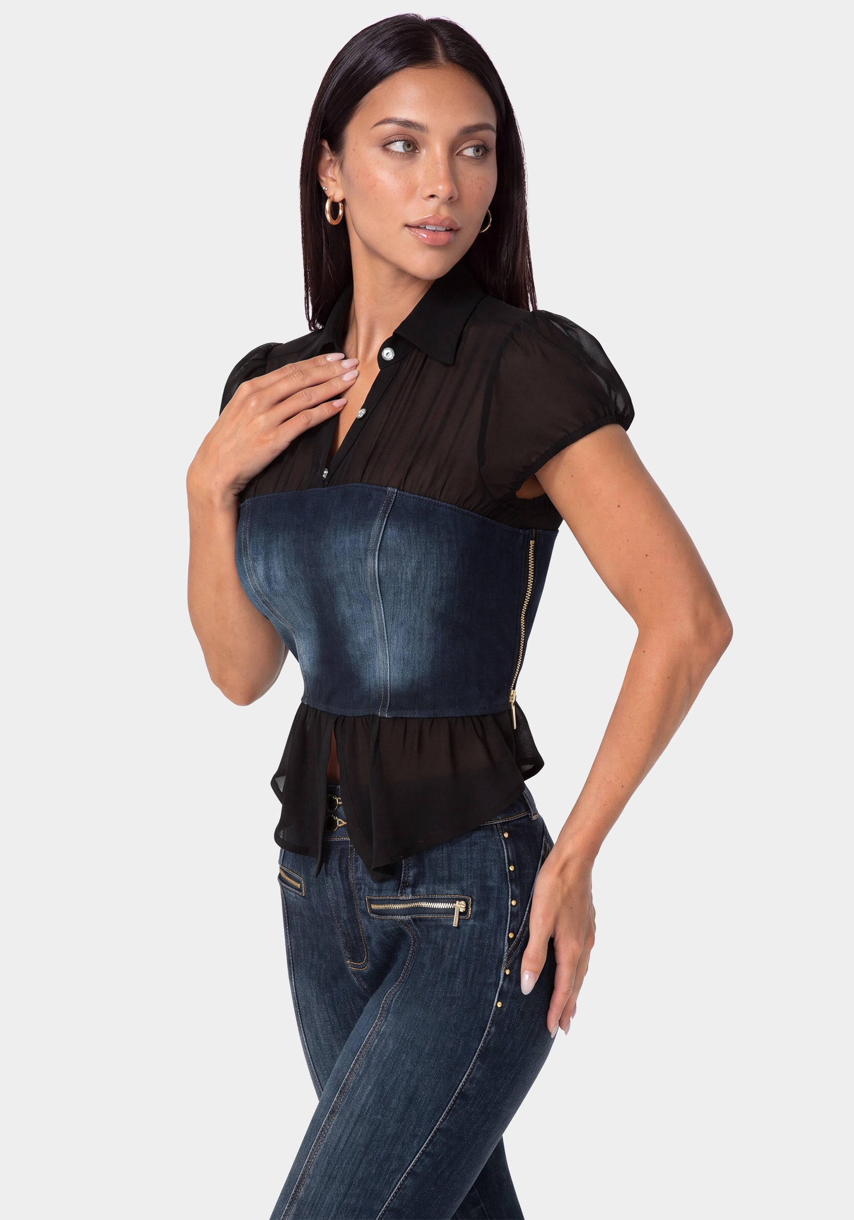 Side View-FITTED DENIM BUSTIER TOP-BLACK/INDIGO