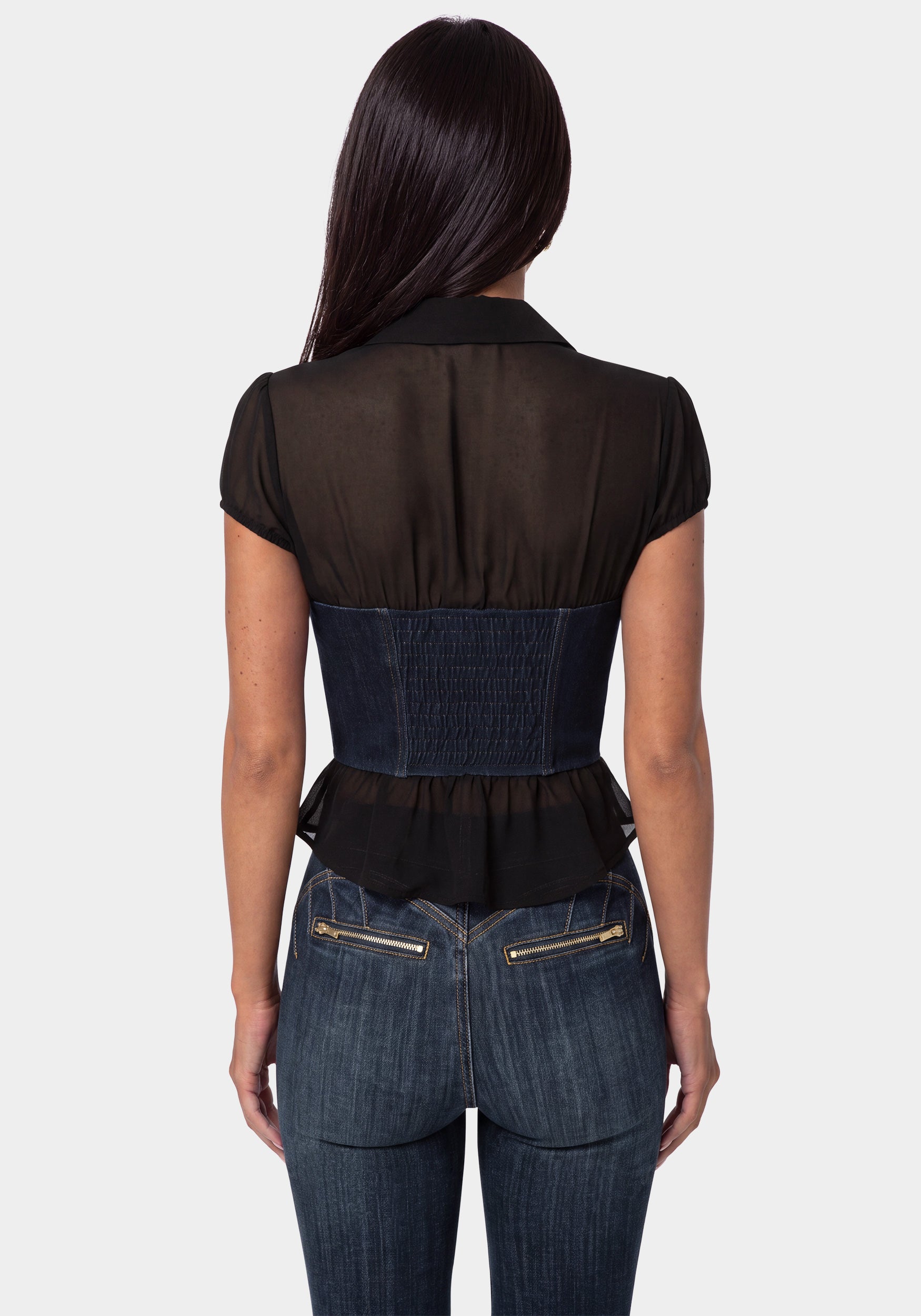 Back View-FITTED DENIM BUSTIER TOP-BLACK/INDIGO
