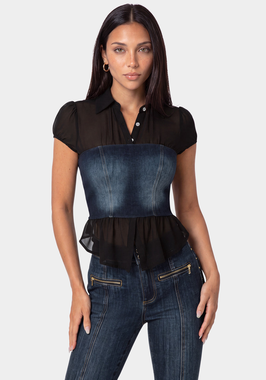 Front View-FITTED DENIM BUSTIER TOP-BLACK/INDIGO