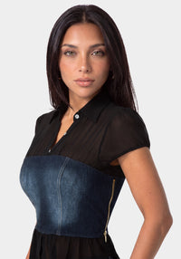 Other View-FITTED DENIM BUSTIER TOP-BLACK/INDIGO