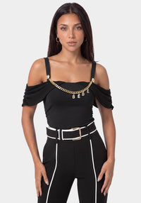 Front View-OFF SHOULDER CHARMED TOP-BLACK