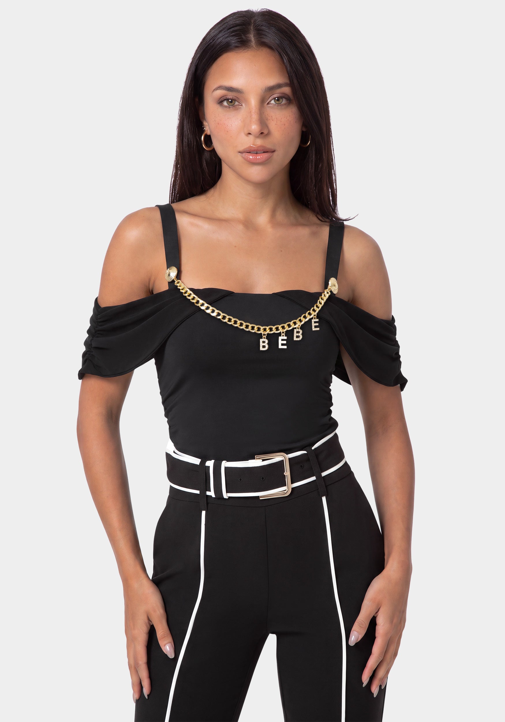 Front View-OFF SHOULDER CHARMED TOP-BLACK