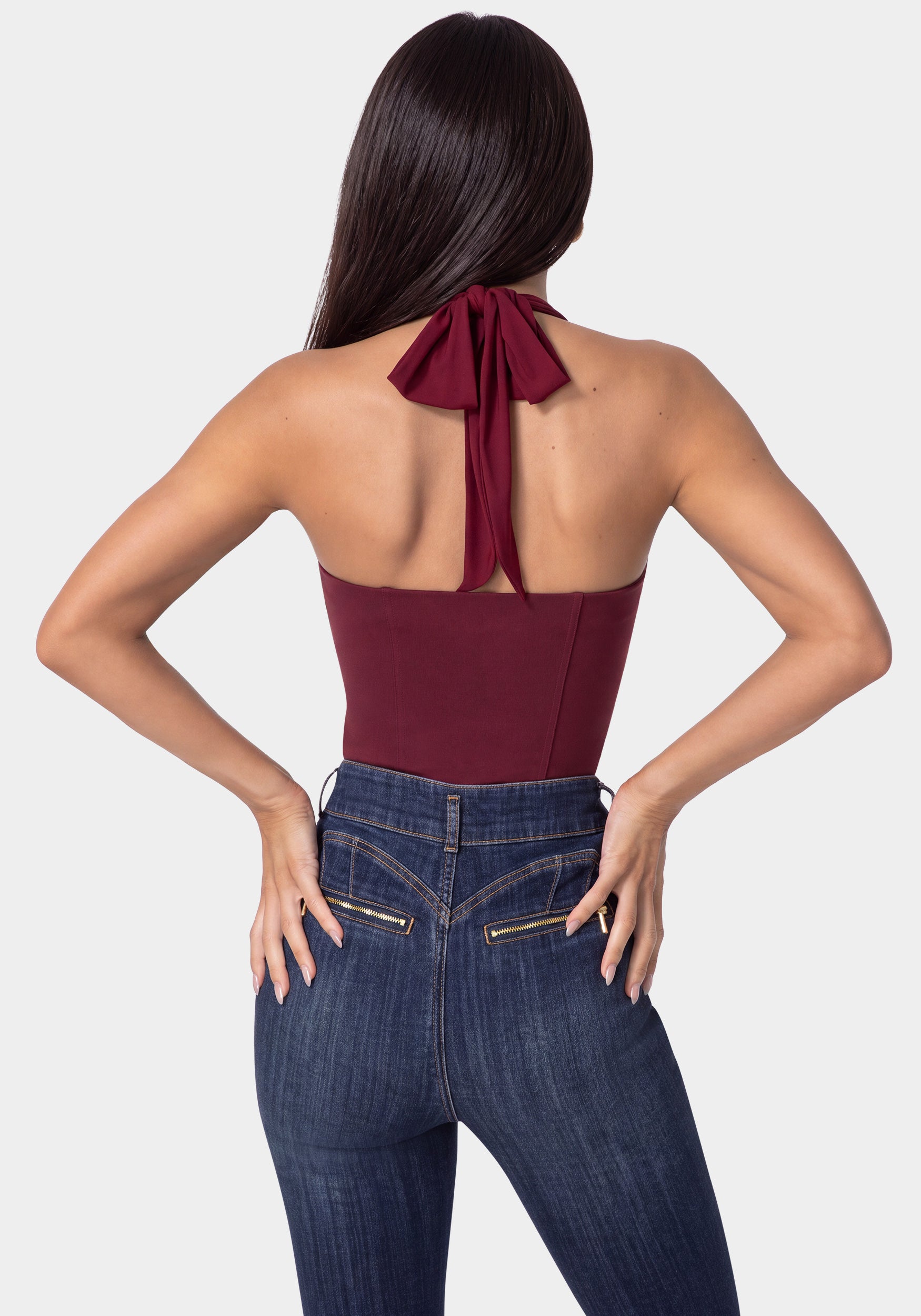 Back View-STRETCH HALTER TOP-DARK CHERRY