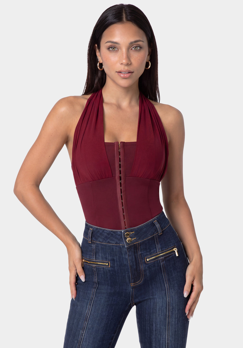 Detail View-STRETCH HALTER TOP-DARK CHERRY