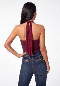 Back View-STRETCH HALTER TOP-DARK CHERRY