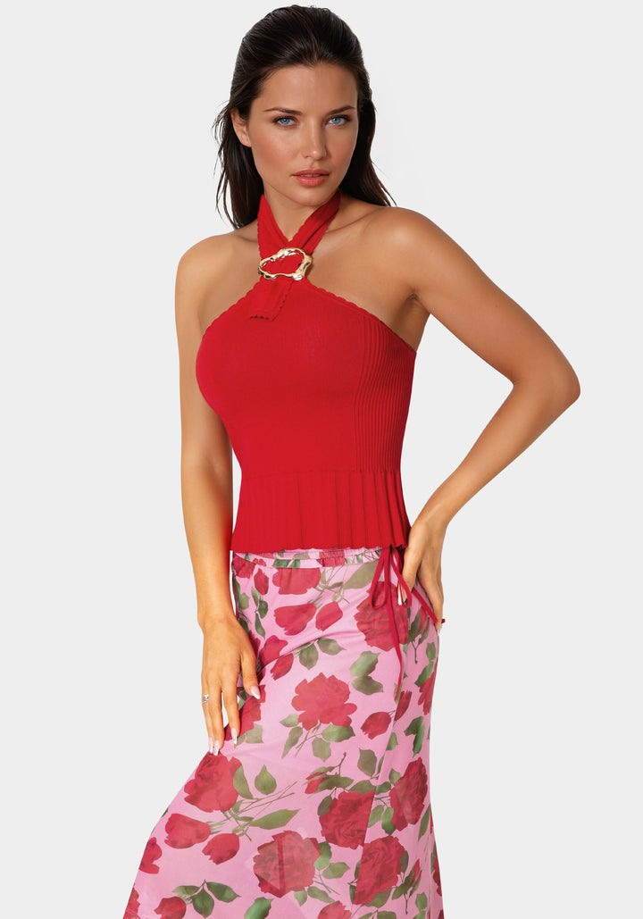 Side View-Halter Neck Ribbed-Knit Top-Tango Red
