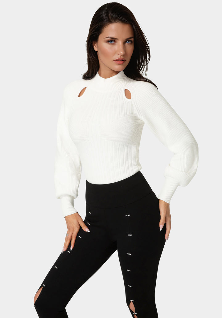 Front View-Long Sleeve Ribbed-Knit Top-White Alyssum