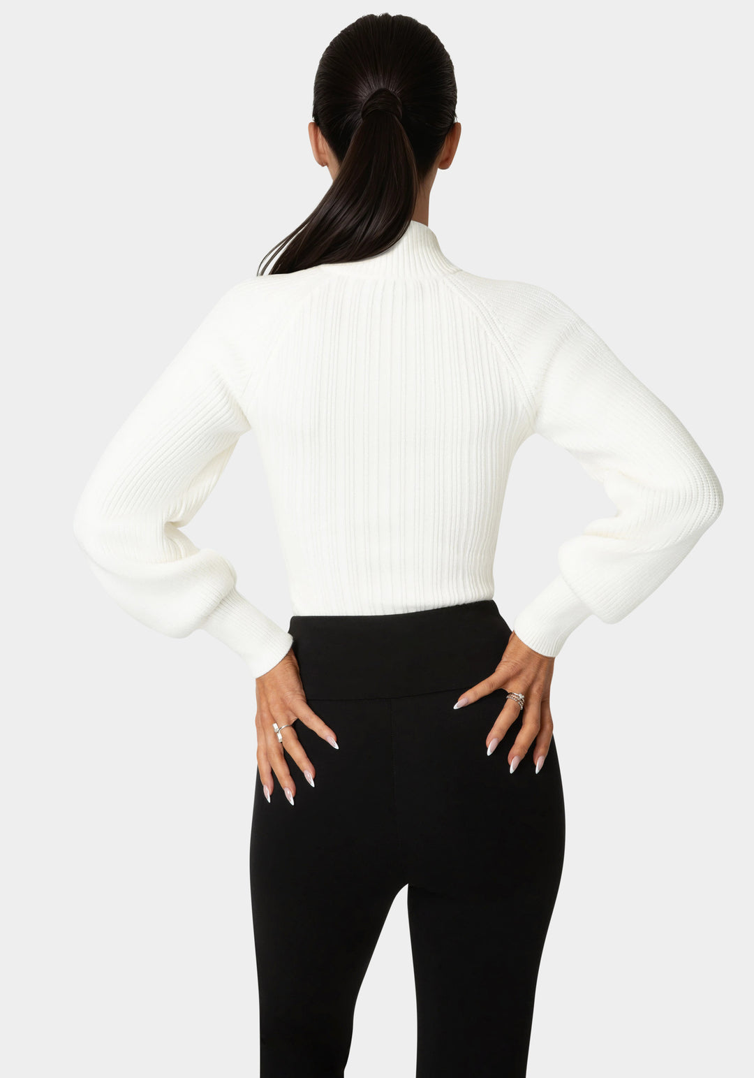 Back View-Long Sleeve Ribbed-Knit Top-White Alyssum