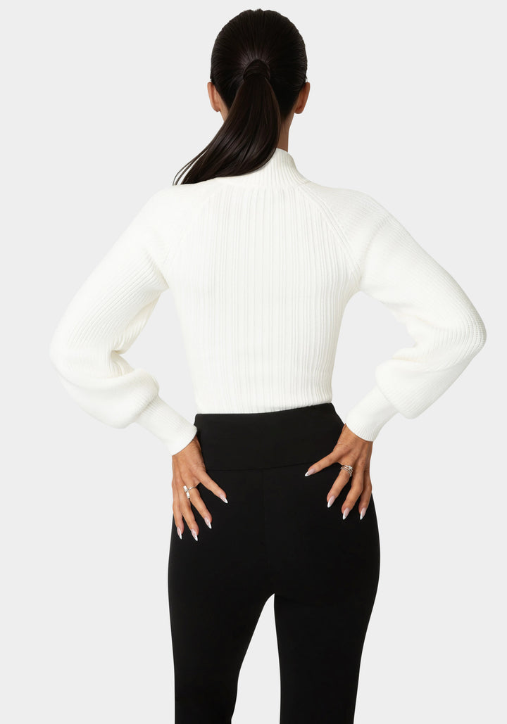 Back View-Long Sleeve Ribbed-Knit Top-White Alyssum