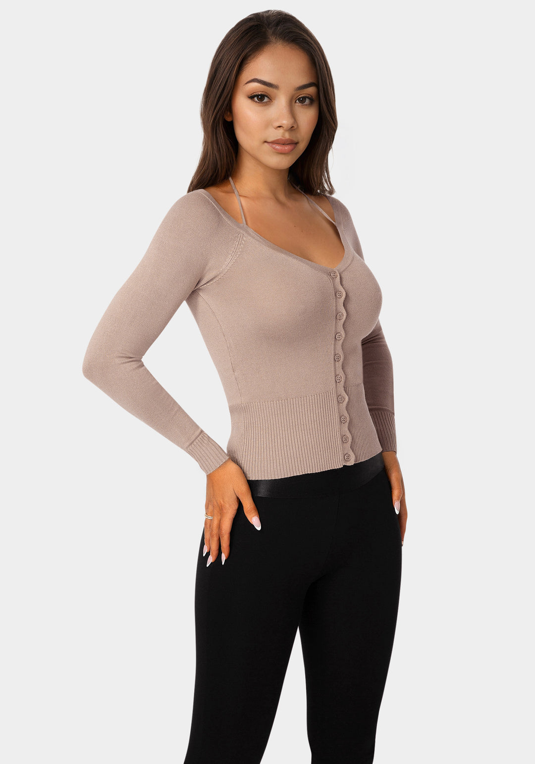 Side view - Light Weight Halter Neck Tie Cardigan - Bare Affair