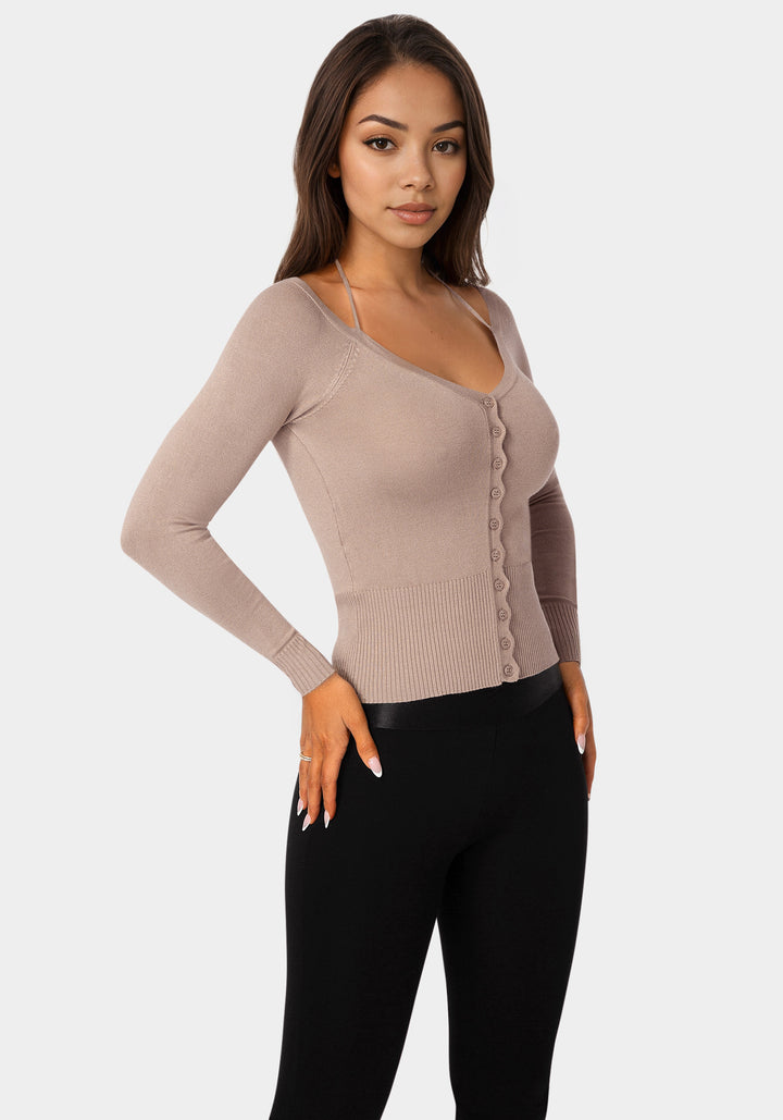 Side view - Light Weight Halter Neck Tie Cardigan - Bare Affair