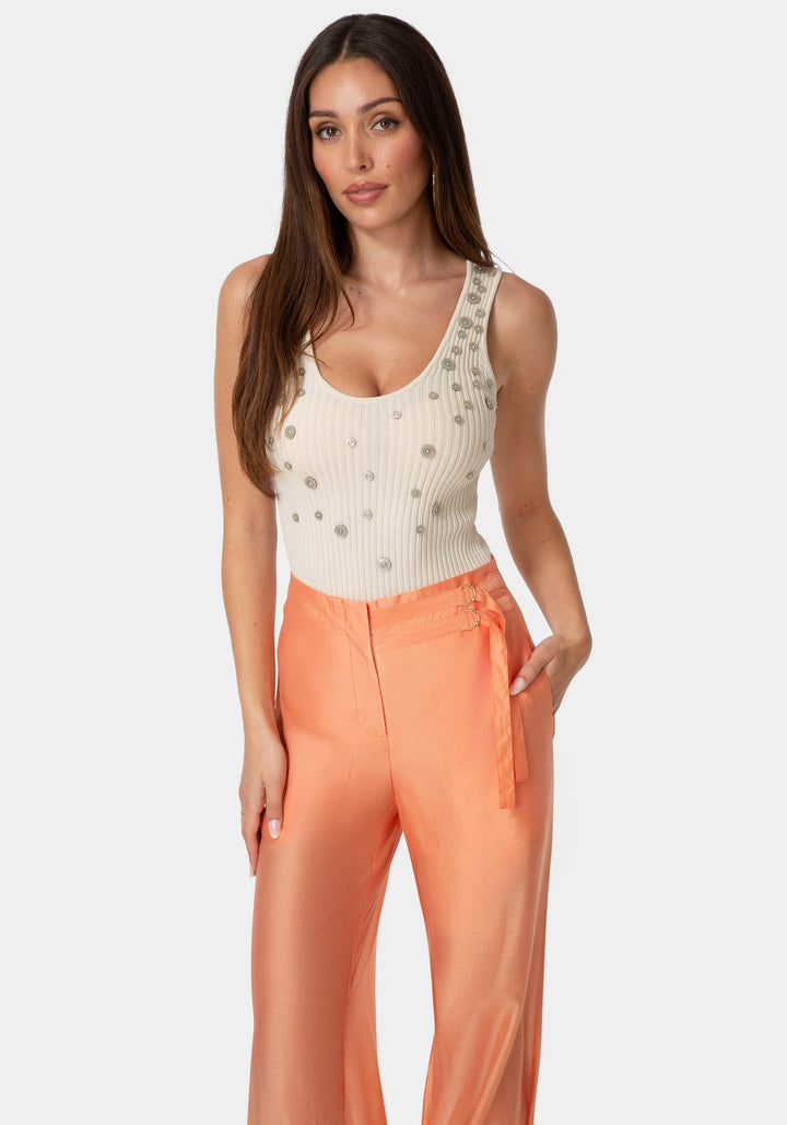 Front View-Shell-Look Button Knit Top-VANILLA HEAT