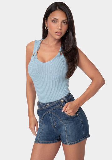 Front View-Twisted Strap Knit Top-OCEAN VEIL