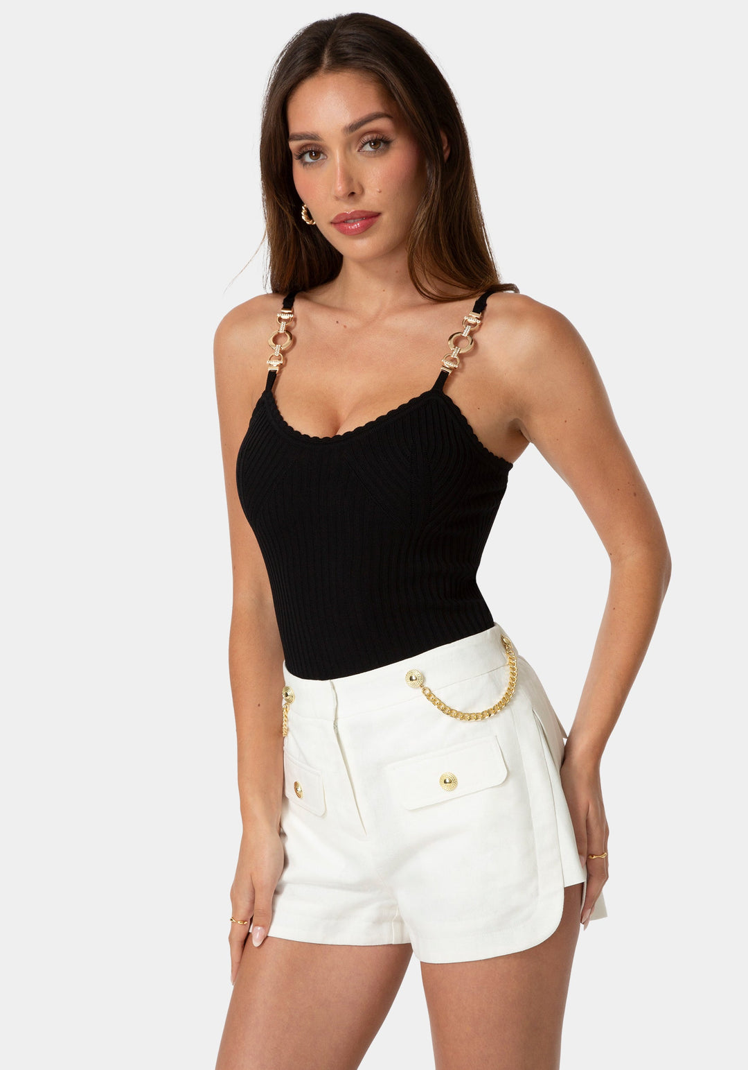 Front View-STRETCH SUMMER KNIT TOP-BLACK