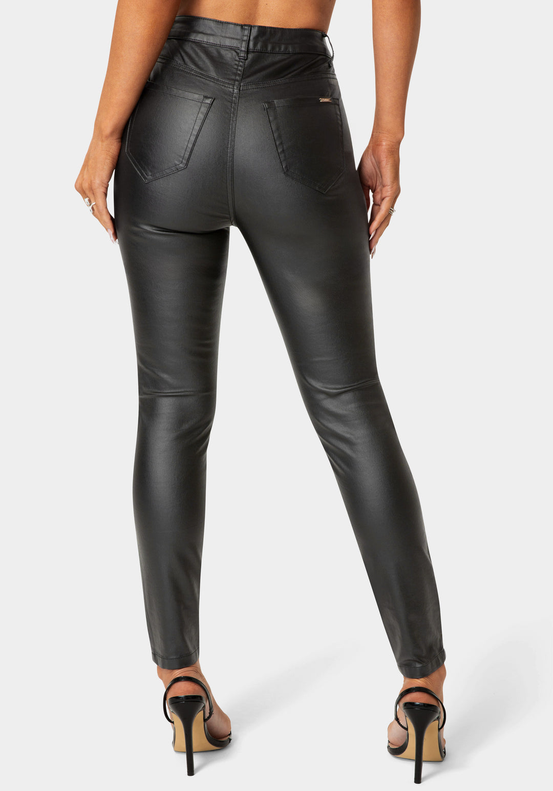 Back View-Natural Waist Coated Skinny Leg Jeans-Black Wash