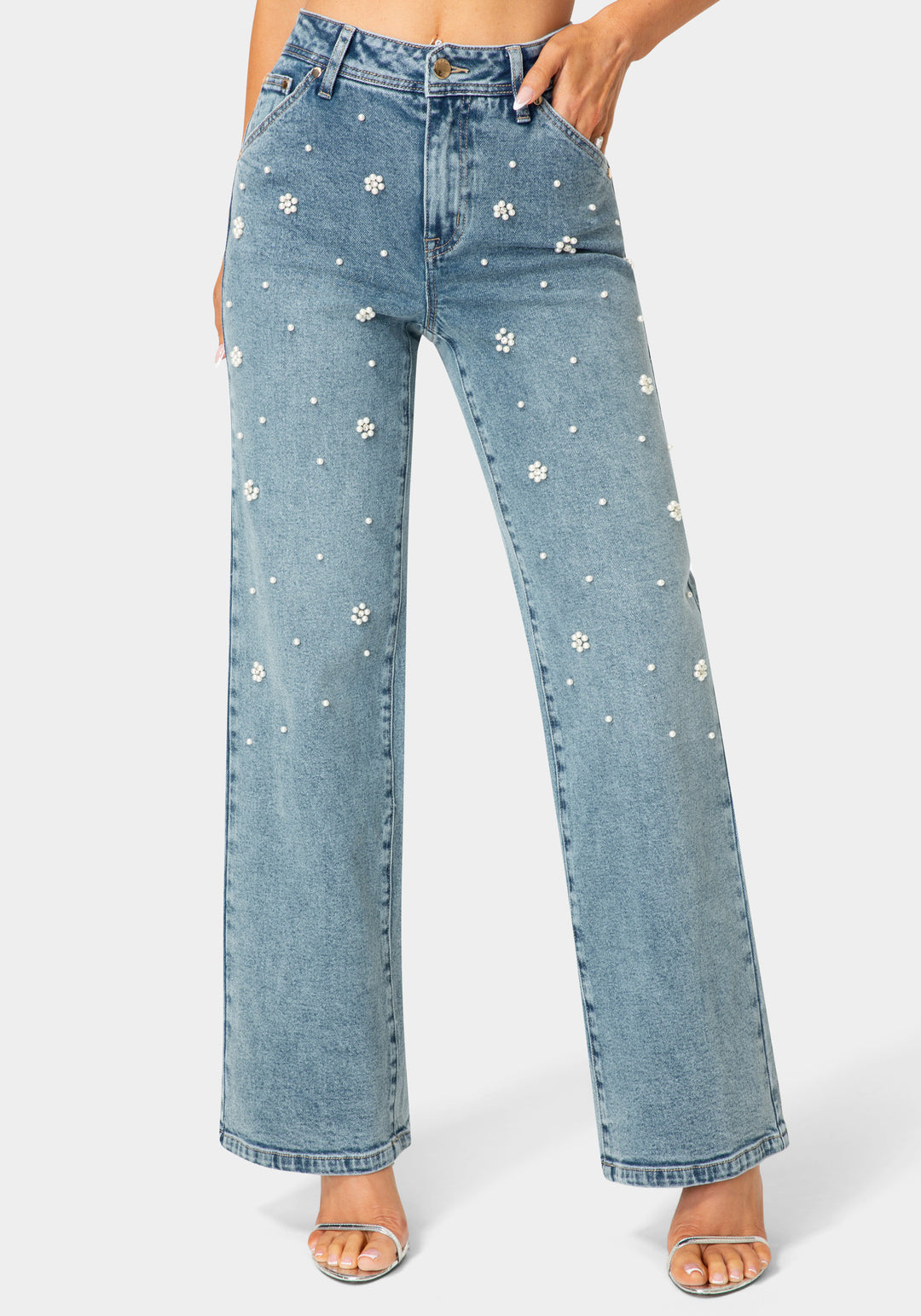 Front View-Natural Waist Embellished Wide Leg Jeans-Light Blue Wash