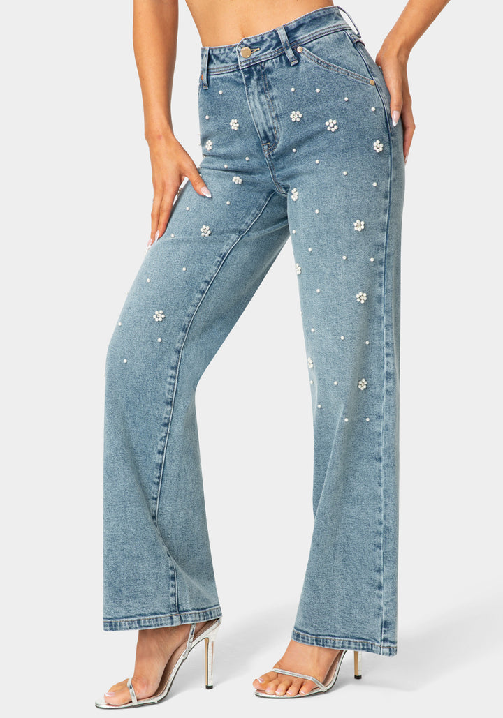 Side View-Natural Waist Embellished Wide Leg Jeans-Light Blue Wash