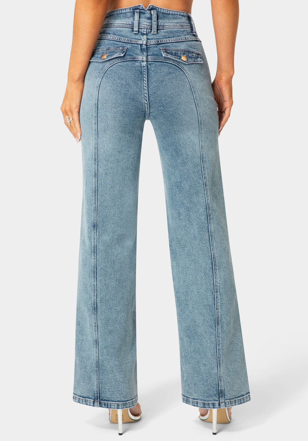 Back View-Natural Waist Embellished Wide Leg Jeans-Light Blue Wash