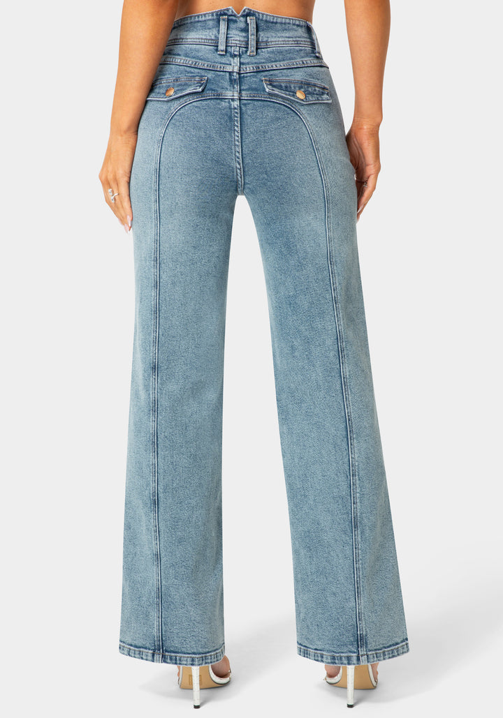 Back View-Natural Waist Embellished Wide Leg Jeans-Light Blue Wash