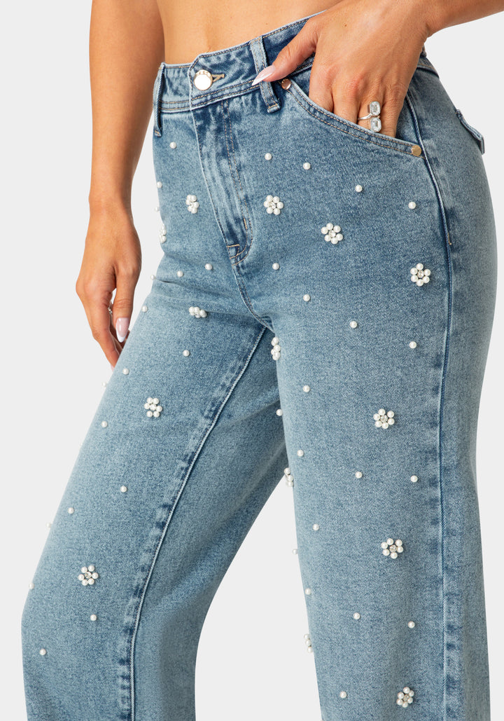 Detail View-Natural Waist Embellished Wide Leg Jeans-Light Blue Wash
