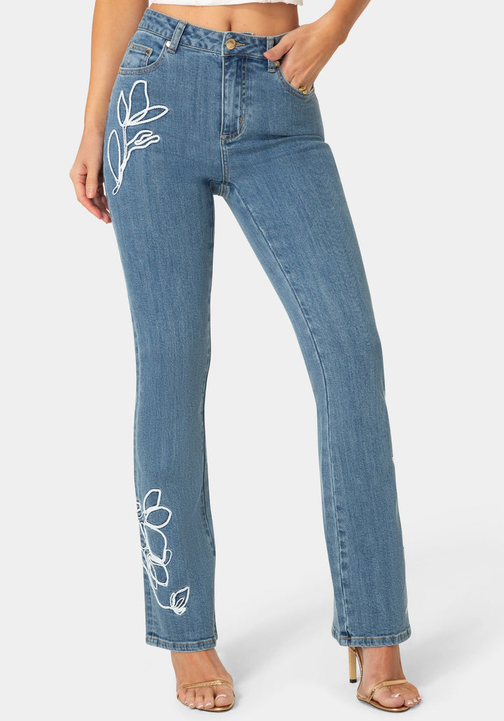 Front View-Natural Waist Embroidered Straight Leg Jeans-Light Blue Wash