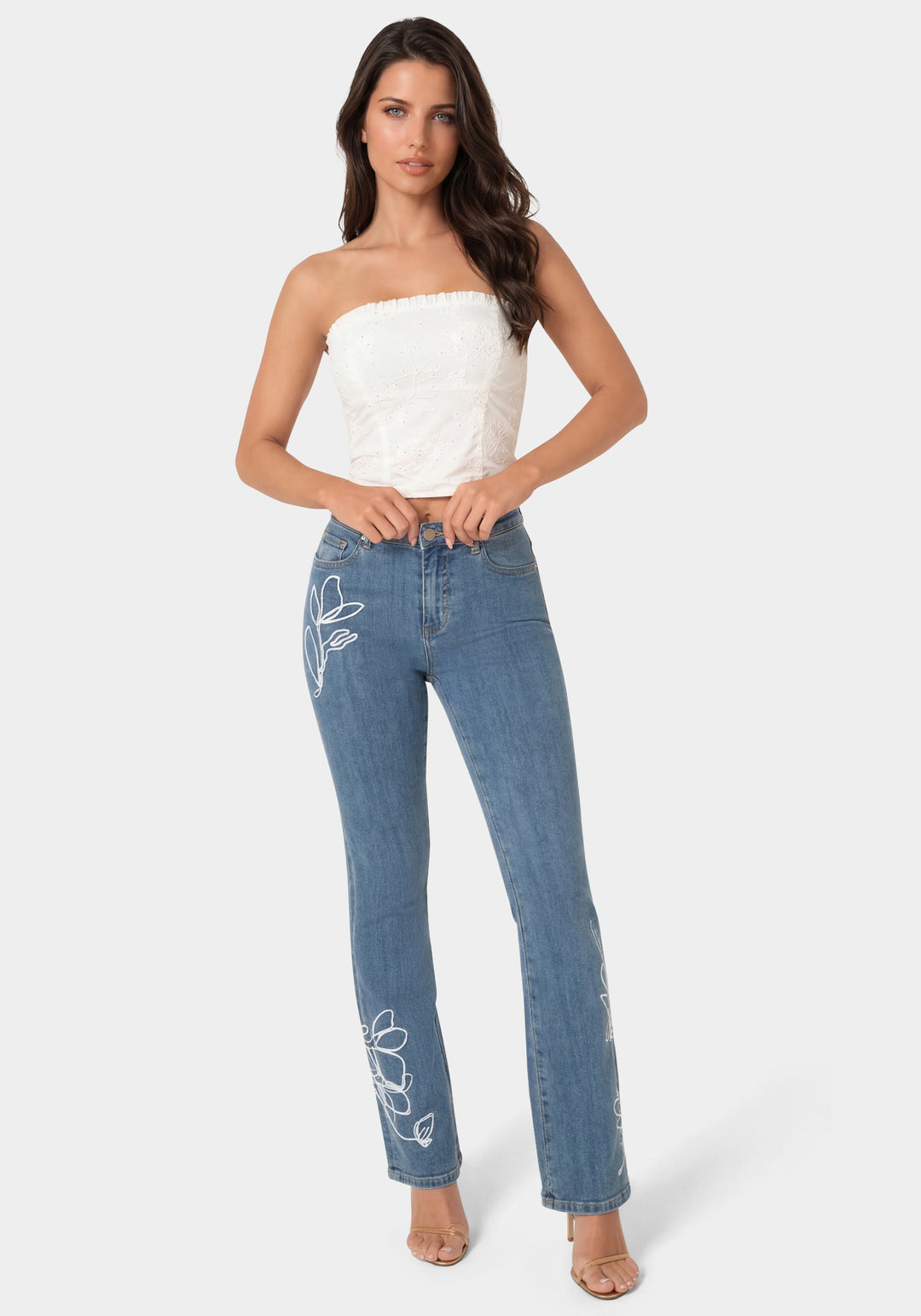Detail View-Natural Waist Embroidered Straight Leg Jeans-Light Blue Wash