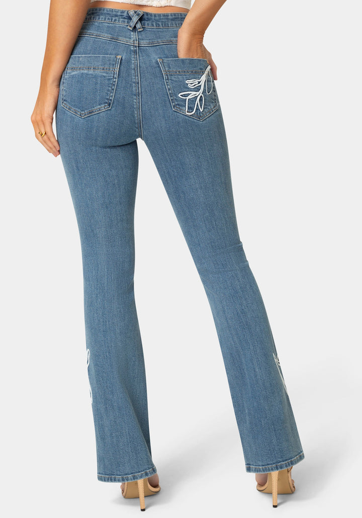 Back View-Natural Waist Embroidered Straight Leg Jeans-Light Blue Wash