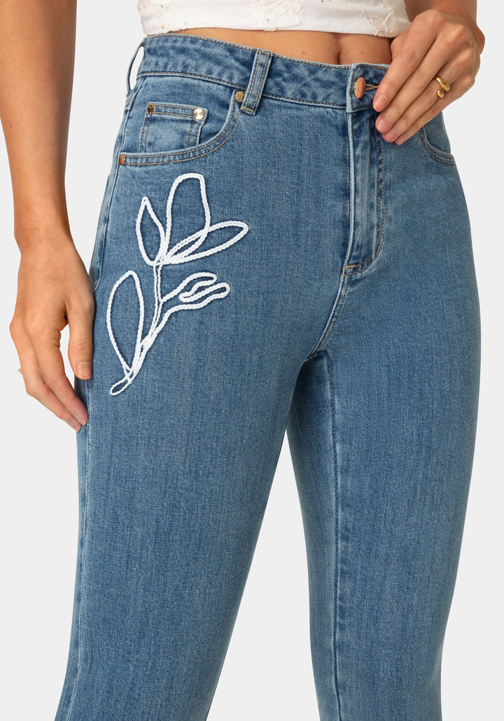 Side View-Natural Waist Embroidered Straight Leg Jeans-Light Blue Wash