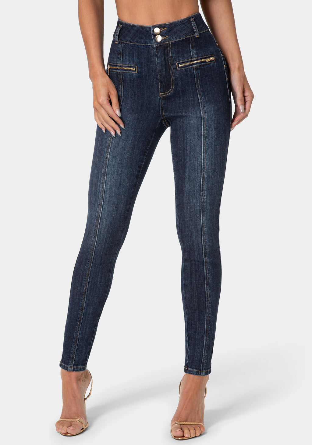 Front View-SKINNY ZIPPER DETAIL JEANS-MIDNIGHT BLUE WASH