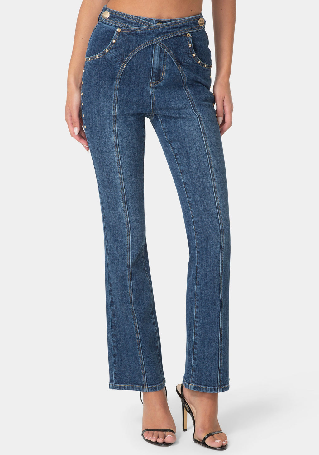 Front View-MINI BOOTCUT FRONT CROSS DENIM JEANS-BLUE OBSESSION WASH
