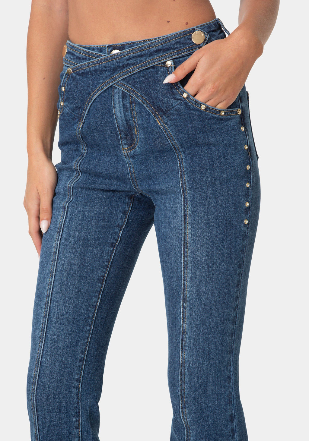 Side View-MINI BOOTCUT FRONT CROSS DENIM JEANS-BLUE OBSESSION WASH