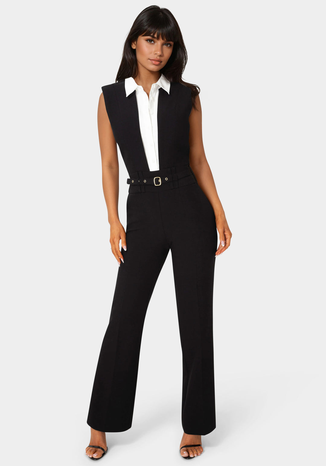 Front view - Tailored Two Tone Straight Leg Jumpsuit - Black White Alyssum