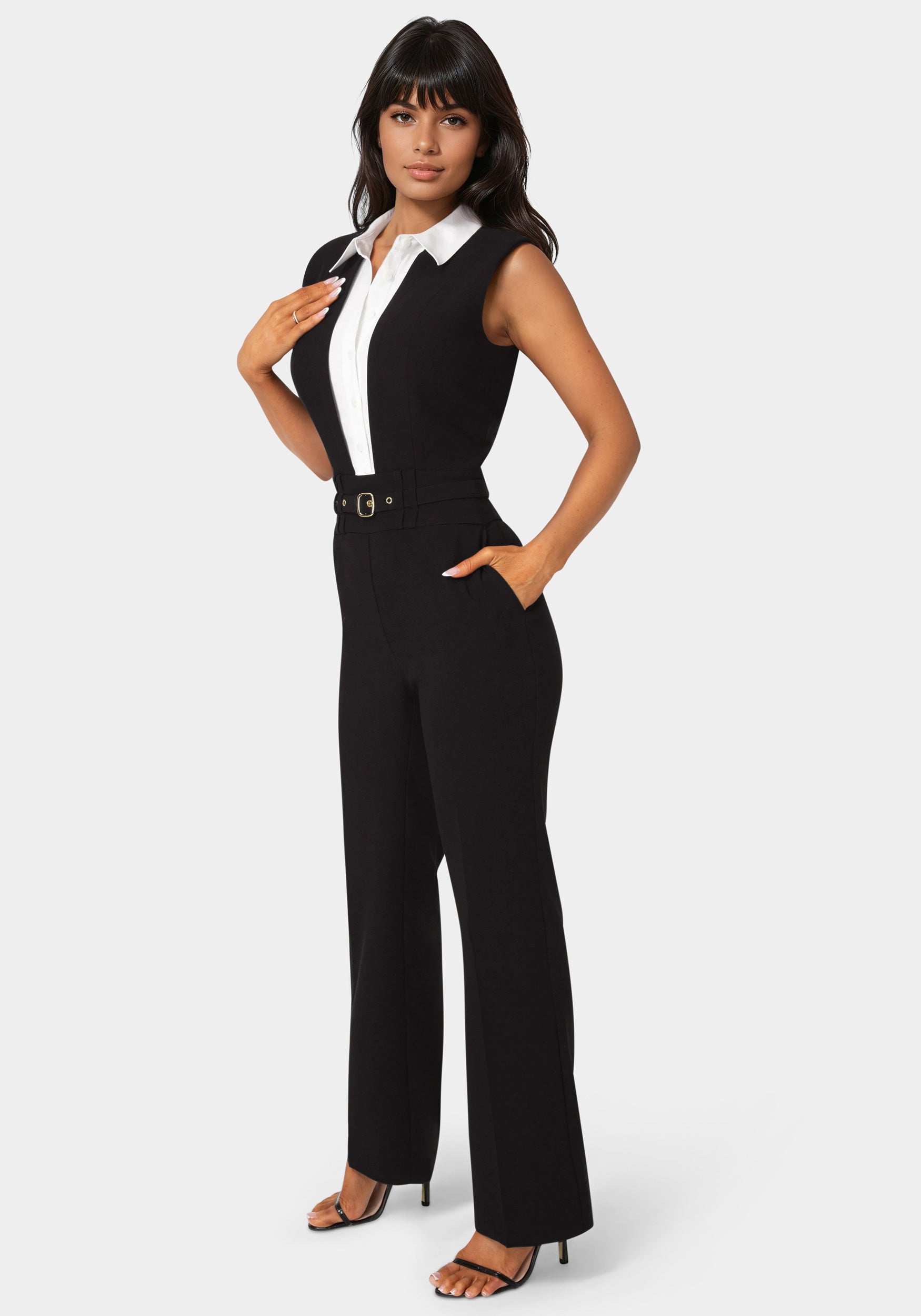 Side view - Tailored Two Tone Straight Leg Jumpsuit - Black White Alyssum
