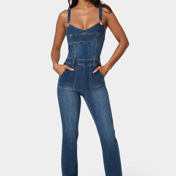 Front view - Denim Overall Jumpsuit - True Blue Wash