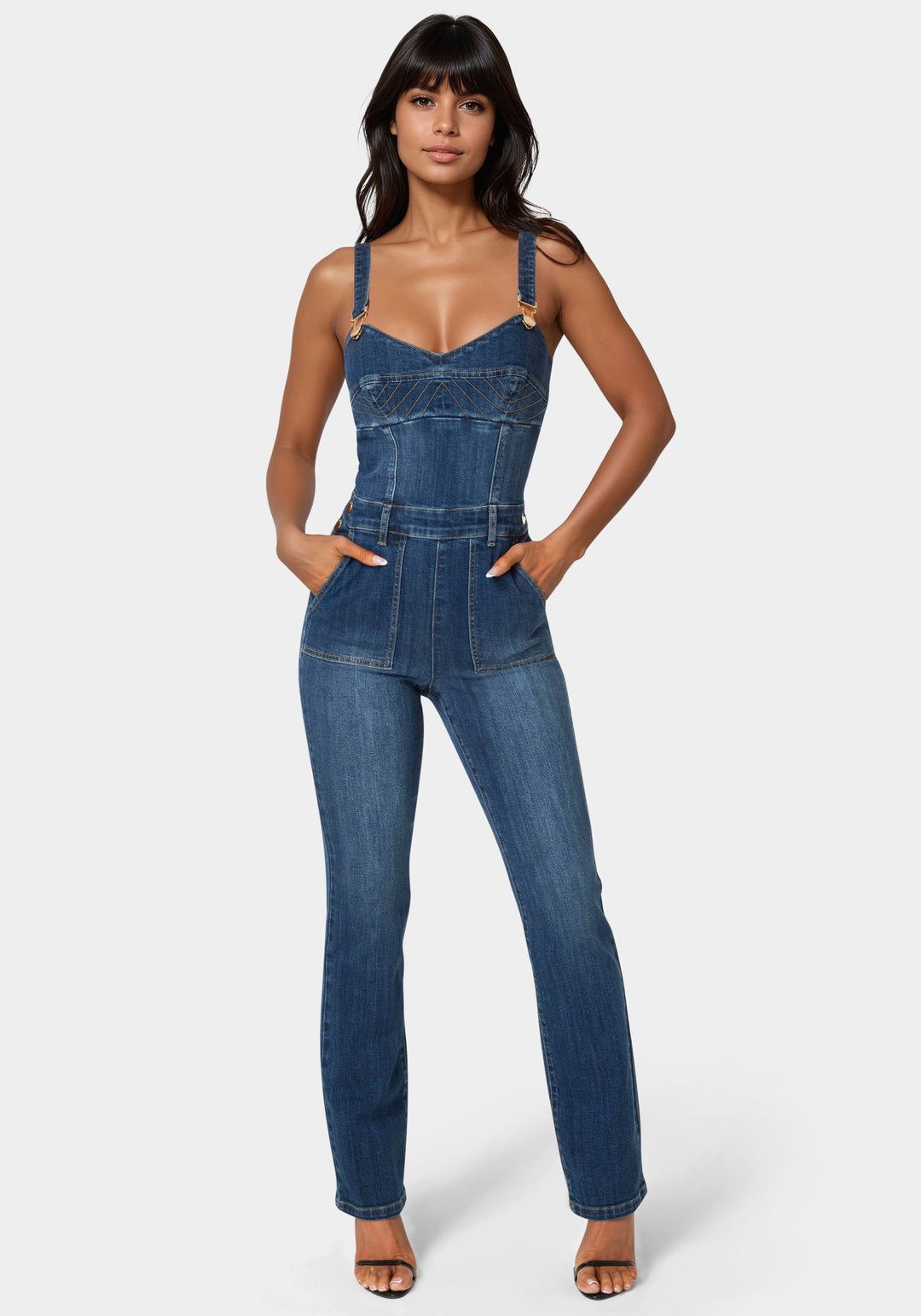 Front view - Denim Overall Jumpsuit - True Blue Wash