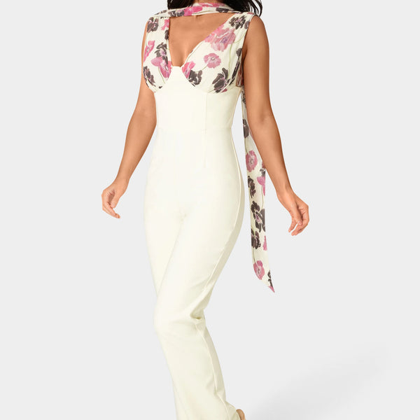 Front View-Scarf-Detailed Wide Leg Jumpsuit-Prt/Butter Cream
