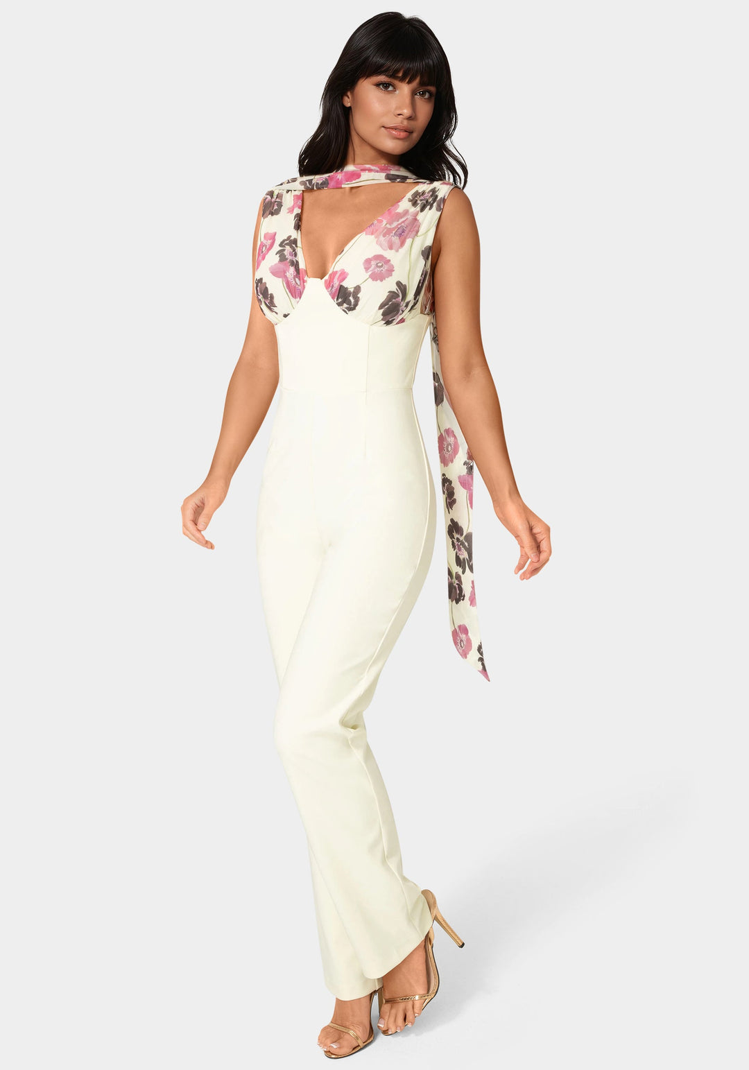 Front View-Scarf-Detailed Wide Leg Jumpsuit-Prt/Butter Cream